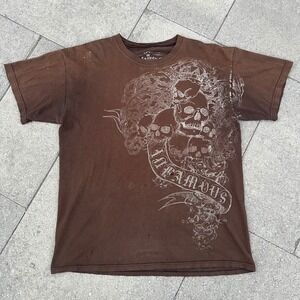 Infamous Mens Brown Skull Graphic T-Shirt Distressed Y2K Grunge Tee Medium